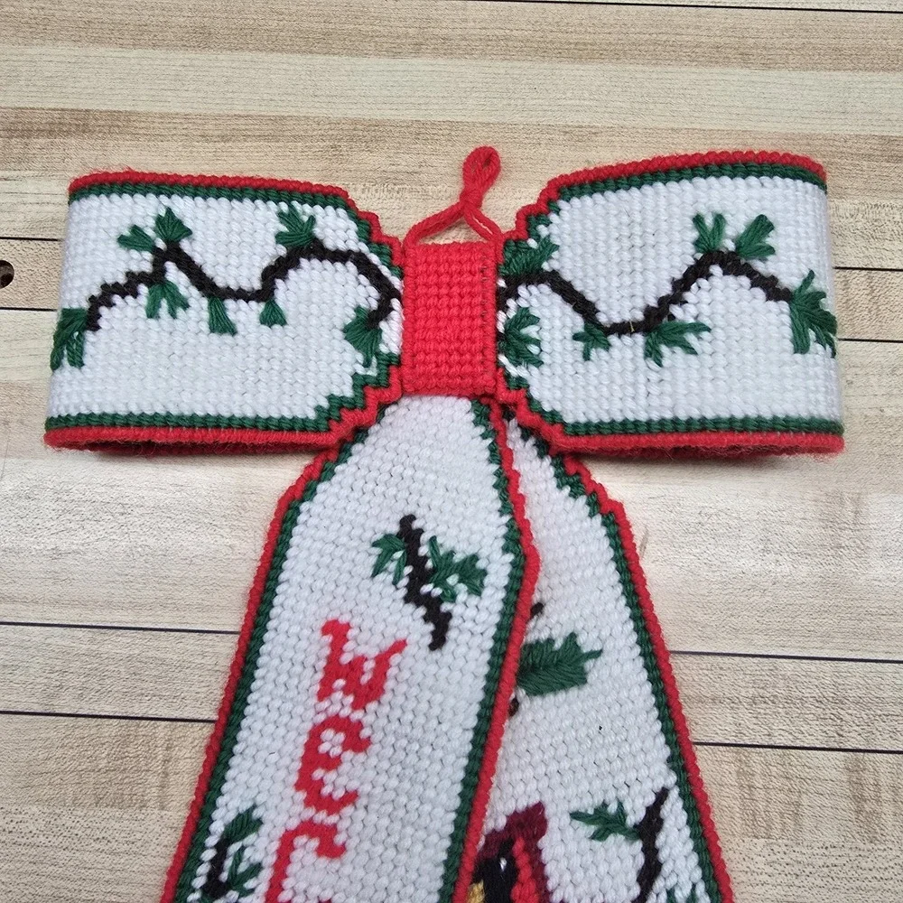 Crosstitch Holiday Bowtie Ornament Red Green Cardinal Christmas Plastic Canvas